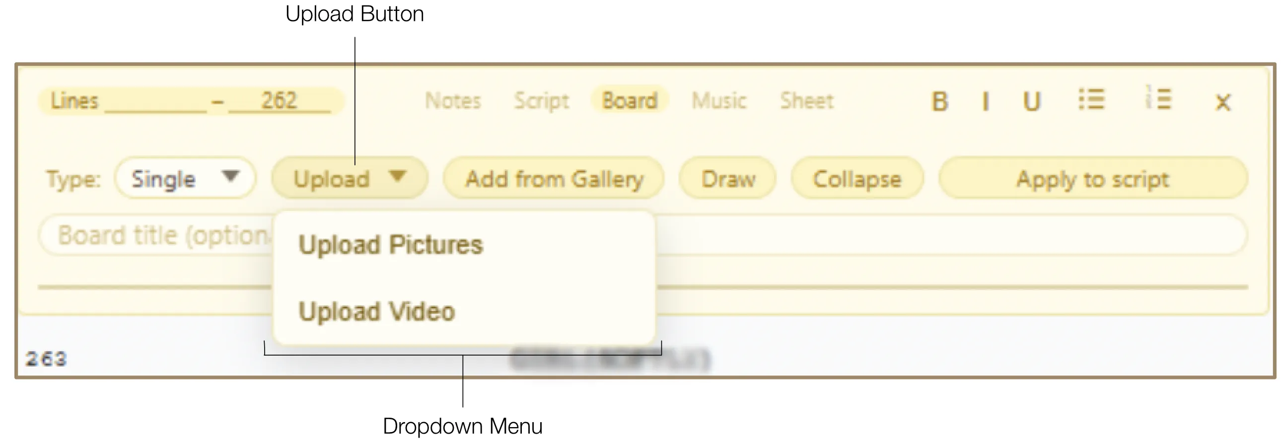 Board injection showing the Upload dropdown and Add from Gallery options for importing visuals